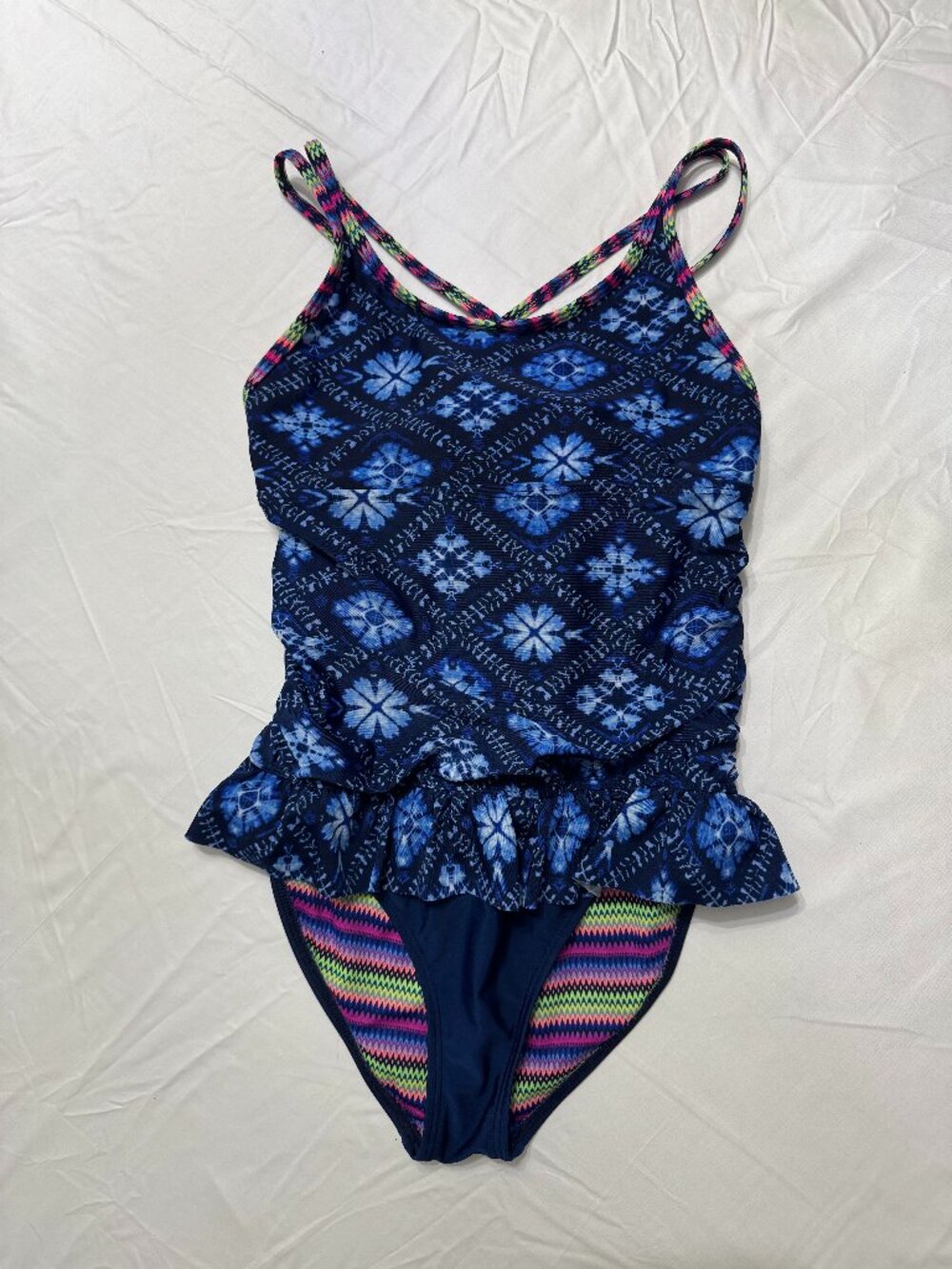 Wonder Nation Deep Cobalt Print One-Piece Swimsuit Girls L (10-12)
